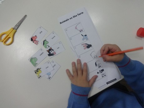 Un niño trabajando con nuevo vocabulario de animales 